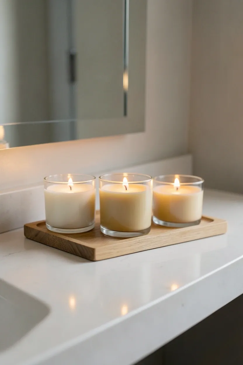 Curated display of three scented candles in ceramic containers on a bathroom shelf with eucalyptus sprigs, creating a spa-like atmosphere