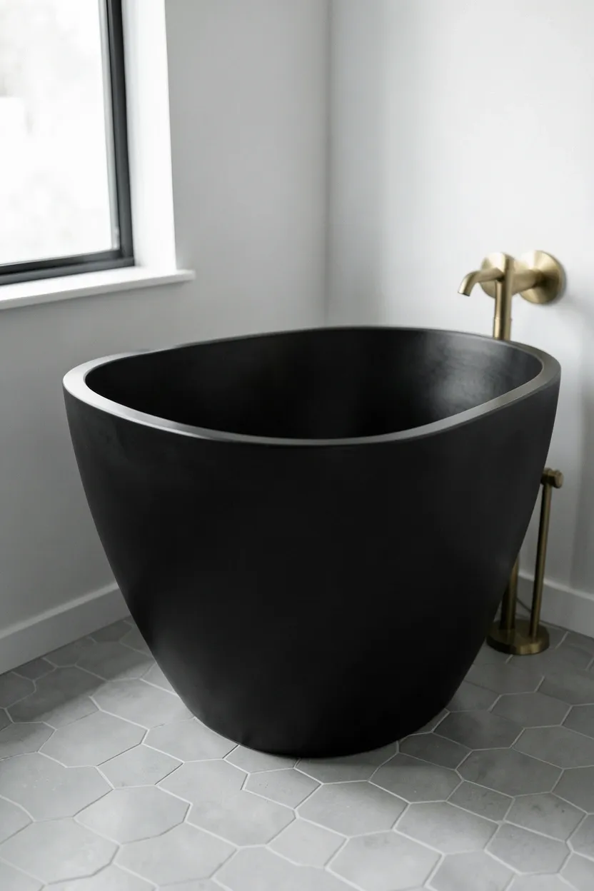 Matte black freestanding bathtub positioned near a window on white marble flooring — dramatic modern black bathroom centerpiece