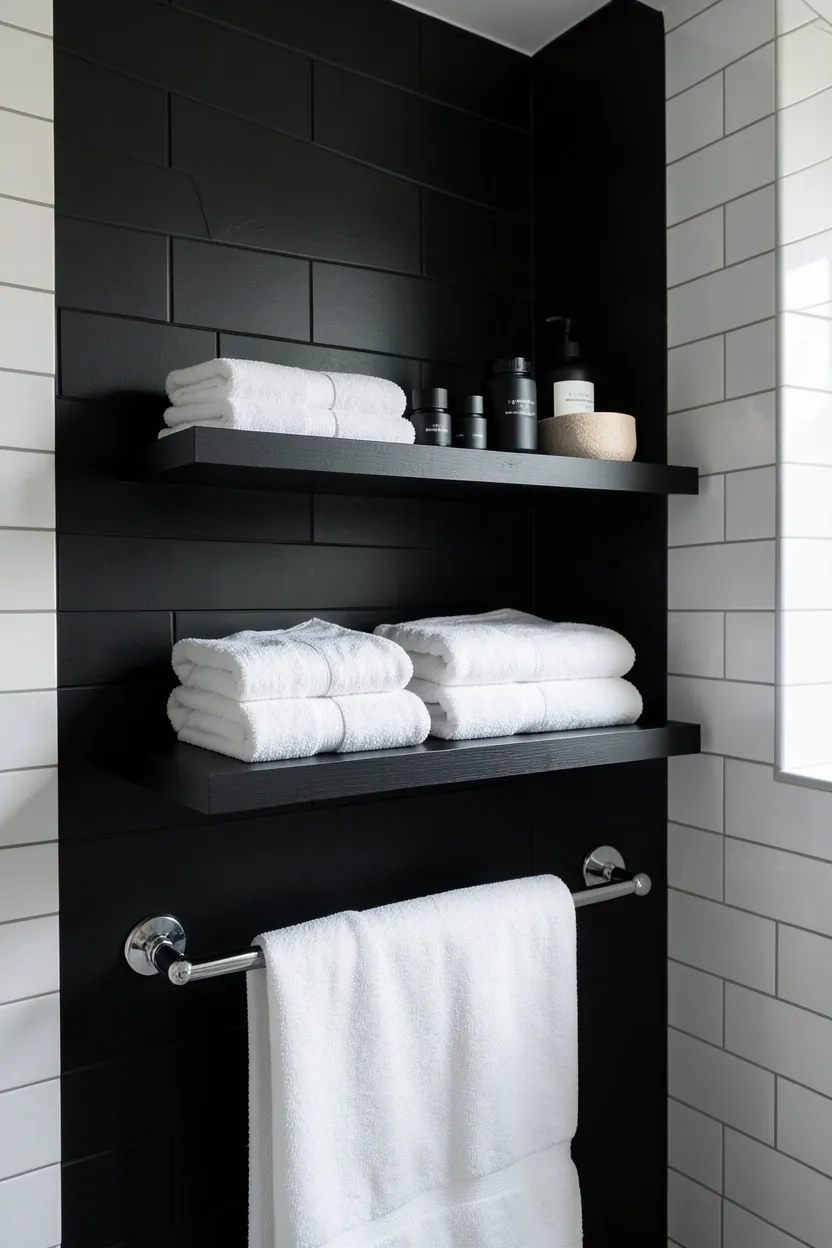 Hyper-realistic eye-level photograph of a modern black bathroom wall with two matte black floating wooden shelves holding neatly folded white towels and small black accessories, white subway tile background, chrome towel rail below. Natural light. Materials: matte black painted wood shelves, white ceramic towels, chrome rail, white tile. Sophisticated black storage. Clean modern aesthetic. No text, no logos, no watermarks.</p>