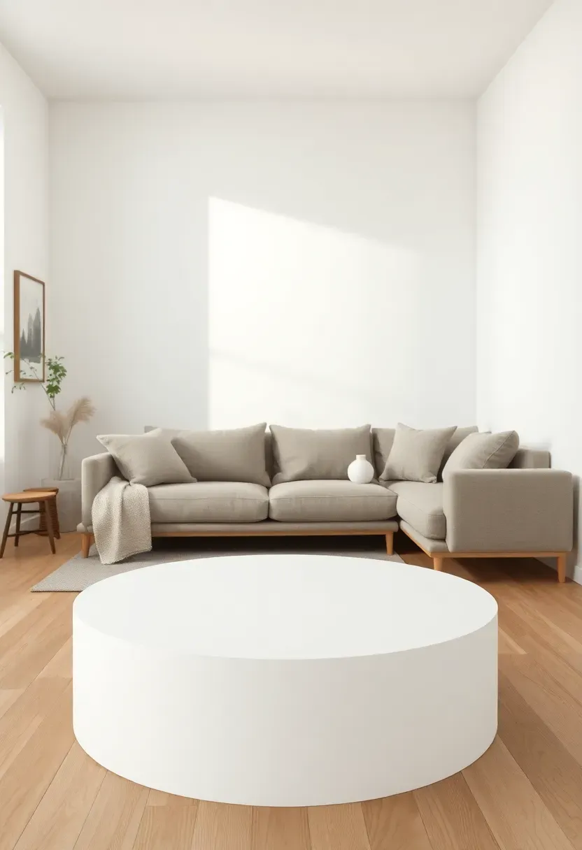 Hyper-realistic 3/4 view of a Nordic living room featuring a round coffee table as the centerpiece, showing a circular light oak or white table with smooth surface positioned in front of a low sofa, with curved shape contrasting against the rectangular sofa and linear room architecture. Light wood floor, white walls. Materials: light oak wood or matte white round table, oak flooring, matte white walls, linen sofa. Natural daylight showing how the round shape softens room geometry. Easy circulation around the table visible. Organic curve emphasis in rectilinear space. Shallow depth of field showing coffee table foreground with seating and room context beyond. No text, no logos, no watermarks.</p>