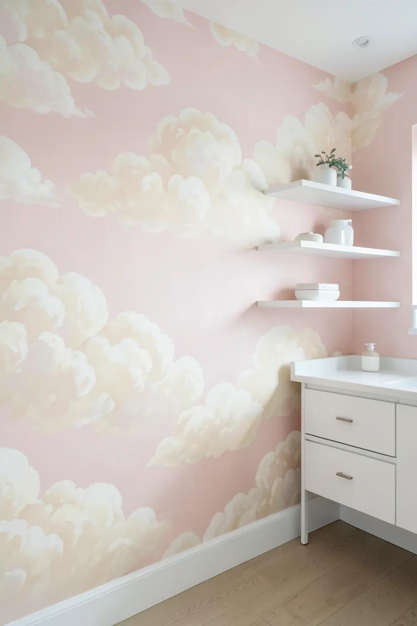 Toca Boca bathroom with whimsical cloud mural on pale blue wall, white floating shelves and soft lighting