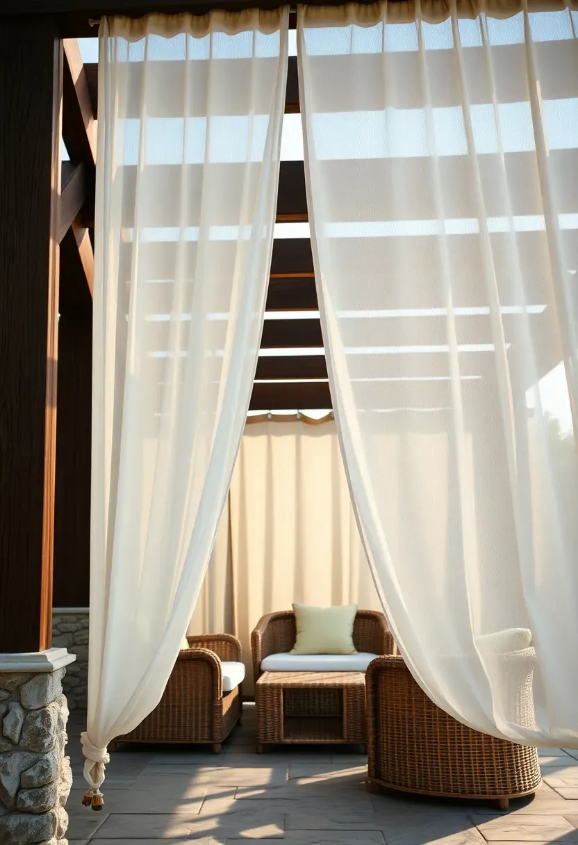 Sheer white outdoor curtains hanging from a dark wood pergola frame billowing gently over a lounge area with wicker furniture