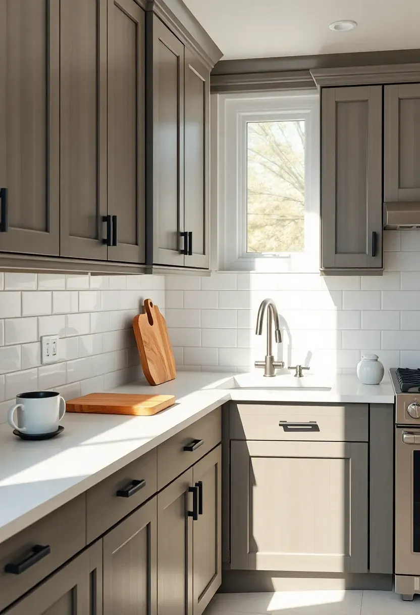modern kitchen with mineral gray painted cabinets and white quartz countertops and black hardware