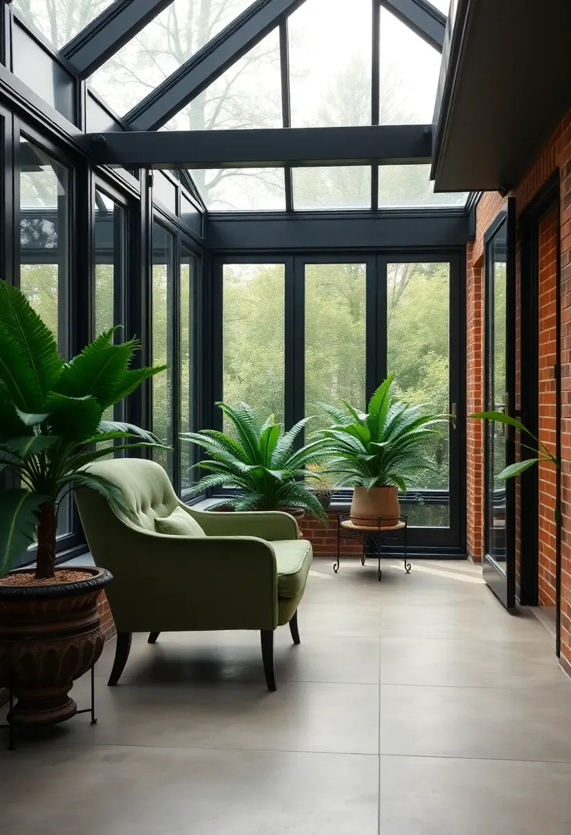 Elegant glass-panel sunroom extension attached to a brick home, filled with potted ferns, upholstered chairs, and soft natural light flooding through clear panels