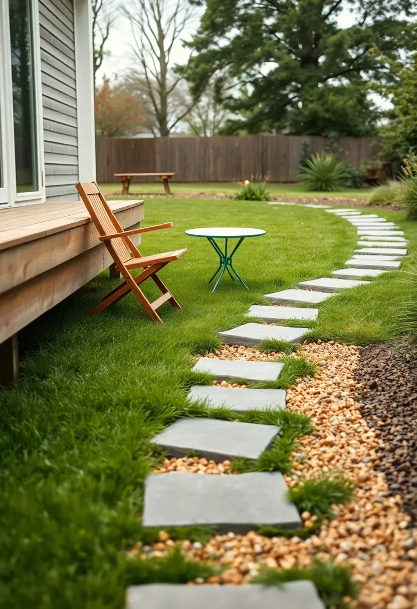 Low ground-level wooden patio deck flush with a manicured lawn, surrounded by gravel borders and stepping stones leading to a garden path