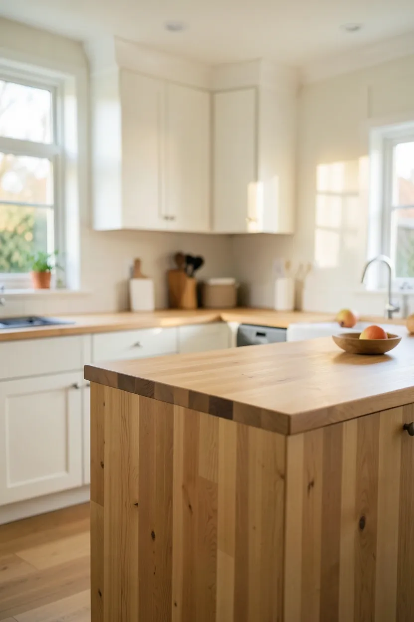 Japandi kitchen with charcoal matte lower cabinets contrasting white upper cabinets and light stone countertop
