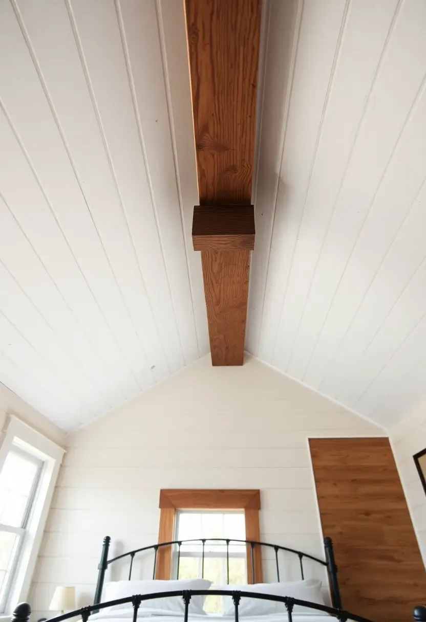 Hyper-realistic upward-angle view of white shiplap ceiling in rustic tiny house bedroom. Horizontal nickel-gap shiplap boards painted white, running full ceiling width. Exposed reclaimed wood beam as accent. Below: iron bed with linen bedding, barn wood accent wall. Materials: painted pine shiplap, oak beam, linen bedding, cream walls. Soft natural light from window, highlighting shiplap texture and beam. Shallow depth of field showing board gaps and beam details. Cozy rustic bedroom mood.</p>