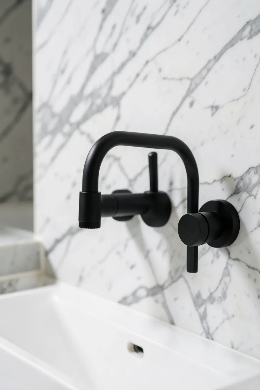 Matte black faucet, towel bar, and cabinet pulls against white marble in a modern mansion bathroom