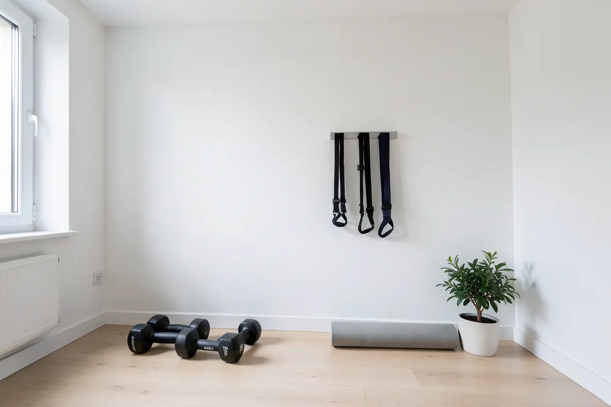 Minimalist mini gym at home in a small apartment corner — white walls, yoga mat, resistance bands, and a single dumbbell pair in a clean, clutter-free workout space
