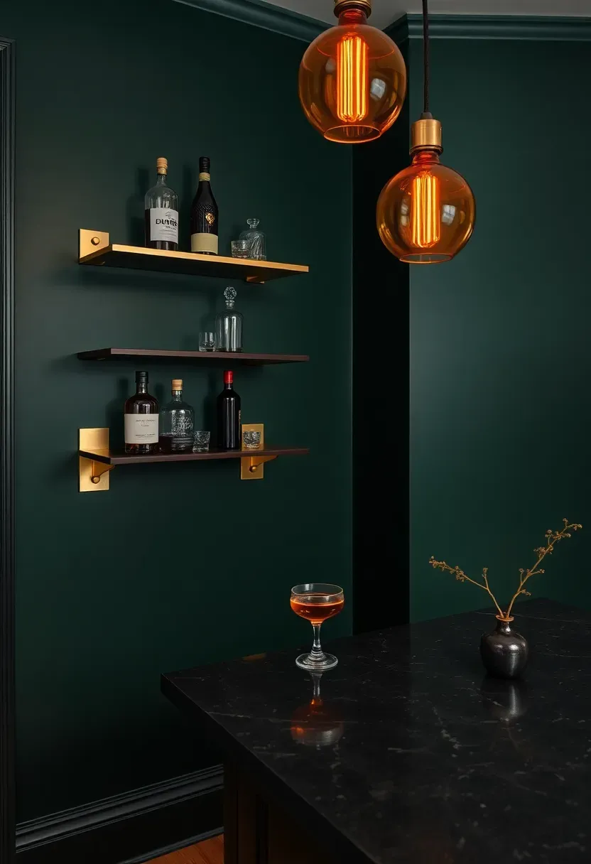 Moody basement bar with dark forest green painted walls, brushed brass shelf brackets, amber glass pendant lights, and a dark stone countertop