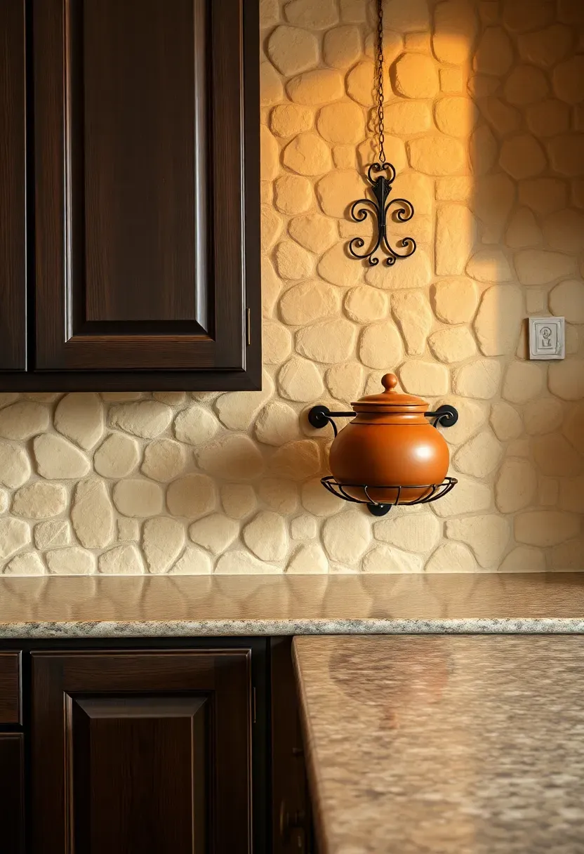 tumbled travertine tile backsplash in warm ivory with rounded edges and natural pitting behind a Tuscan-style kitchen
