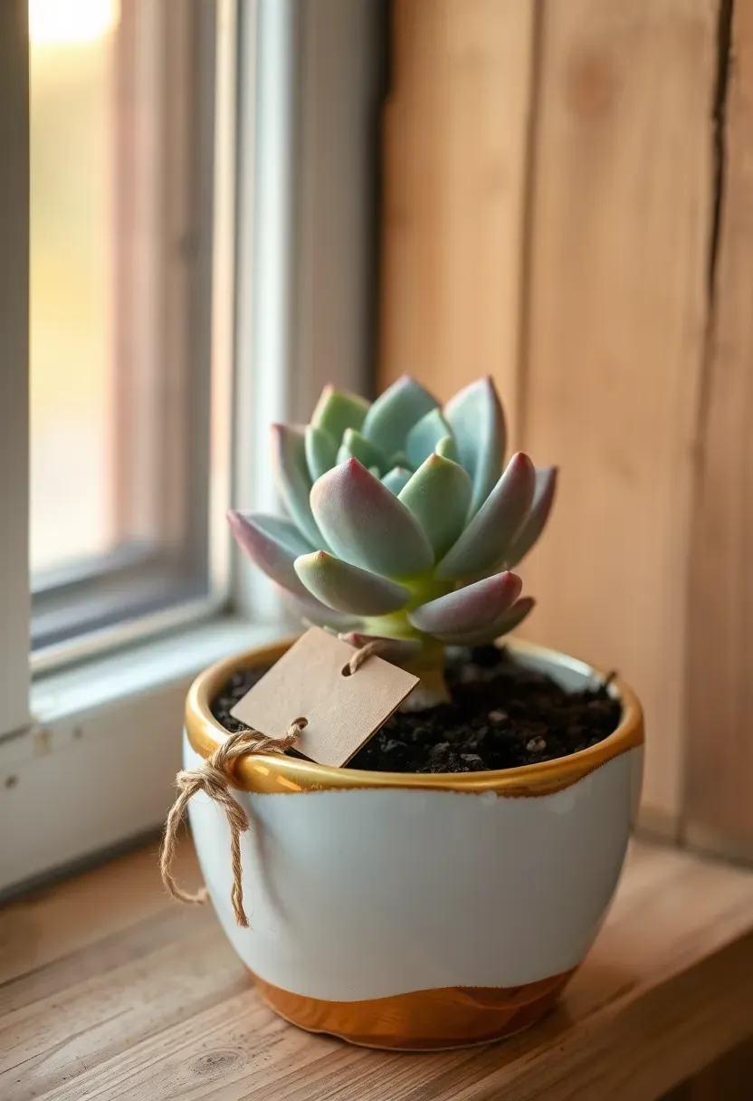 small succulent plant in a decorative ceramic pot with a congratulations tag