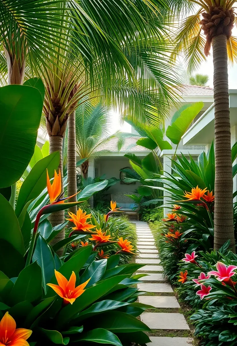 Hyper-realistic 3/4 view of a tropical front yard garden with palm trees, bird-of-paradise flowers, bromeliads, monstera, and hibiscus creating lush layered planting with tropical pathway. Materials: glossy tropical foliage, bright orange and pink tropical blooms, palm trunks. Dappled sunlight through palm fronds, vivid tropical colors. Dense, layered planting creating privacy. Visible modern home with tropical architecture. No text, no logos, no watermarks.</p>