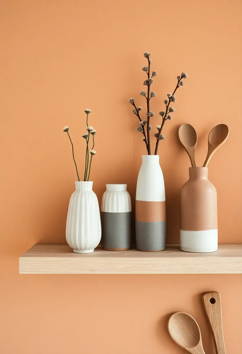 Curated kitchen open shelf display with fluted ceramic vases, handmade bowls, and dried eucalyptus stems in warm natural light