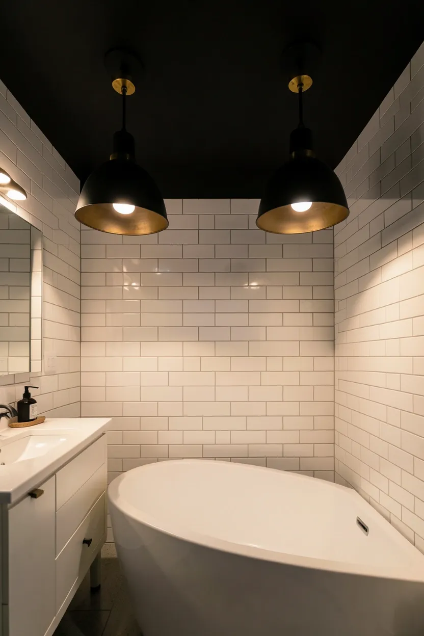 Hyper-realistic eye-level photograph of a modern black bathroom ceiling featuring two matte black metal pendant lights with brass accents, white subway tile walls, white vanity, white freestanding tub. Warm ambient lighting from pendants. Materials: matte black metal, brass accents, white ceramic tiles, white quartz, porcelain tub. Dramatic black lighting fixtures. Warm ambient light quality. No text, no logos, no watermarks.</p>