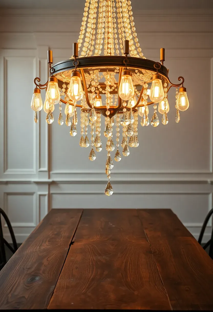 Ornate crystal chandelier with dripping glass beads hanging over a rough-hewn reclaimed wood dining table in a white-walled shabby chic room