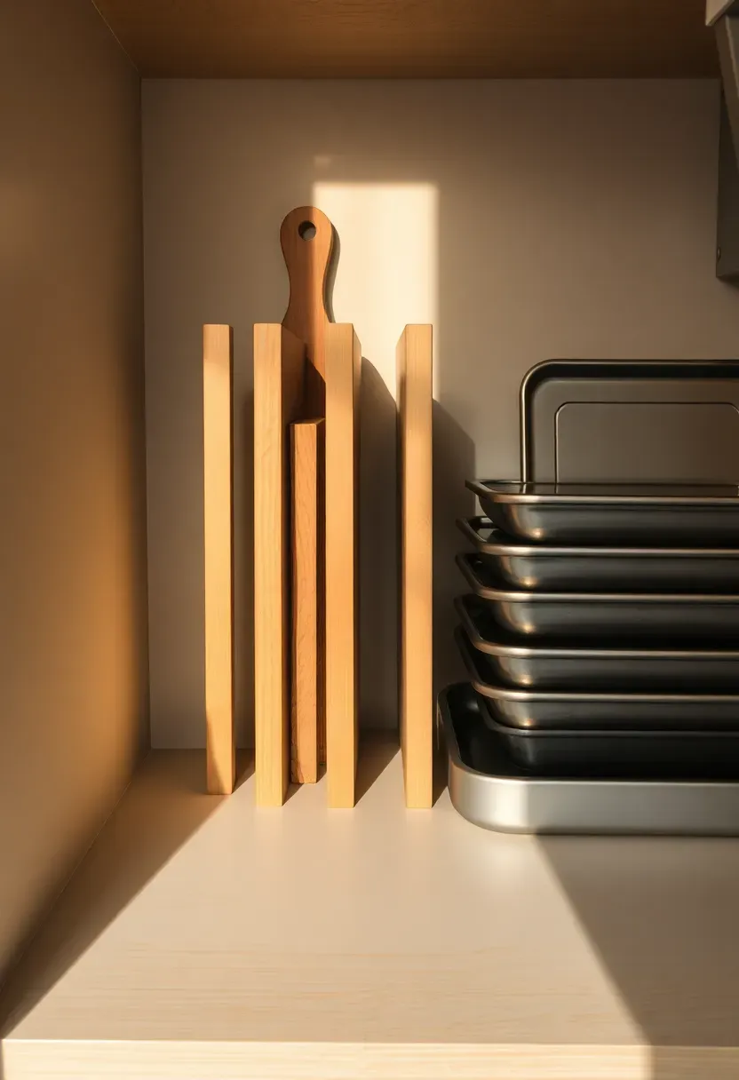 Pantry shelf with slim vertical bamboo dividers separating upright stacks of cutting boards, baking trays, and sheet pans, with warm morning light casting soft shadows across the bamboo edges