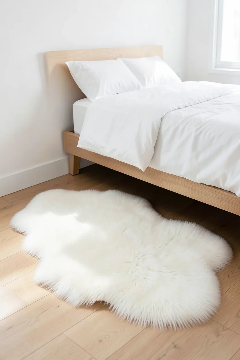 Fluffy white sheepskin rug draped beside a light wood bed over warm hardwood floor in a cozy Scandinavian rustic rental bedroom