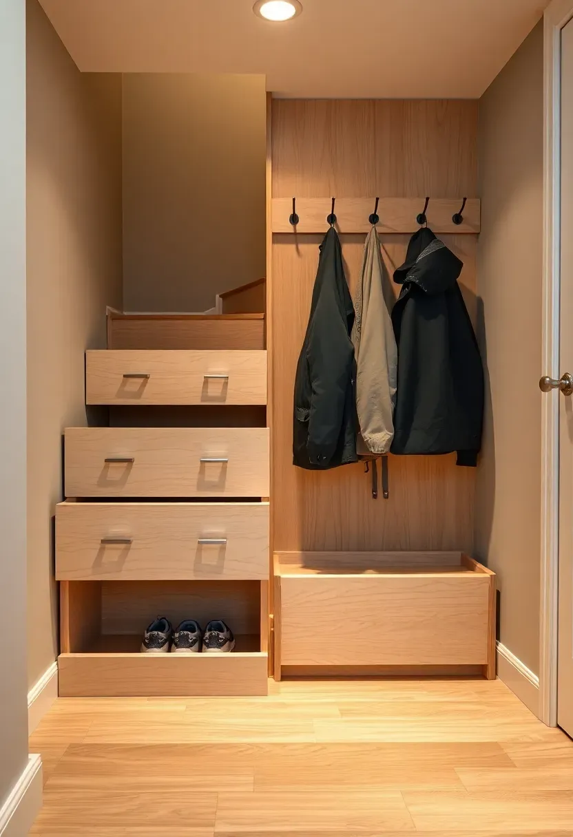 Organized under-stair storage in a basement apartment with pull-out drawers, shoe cubbies, and a coat rack built into the staircase structure