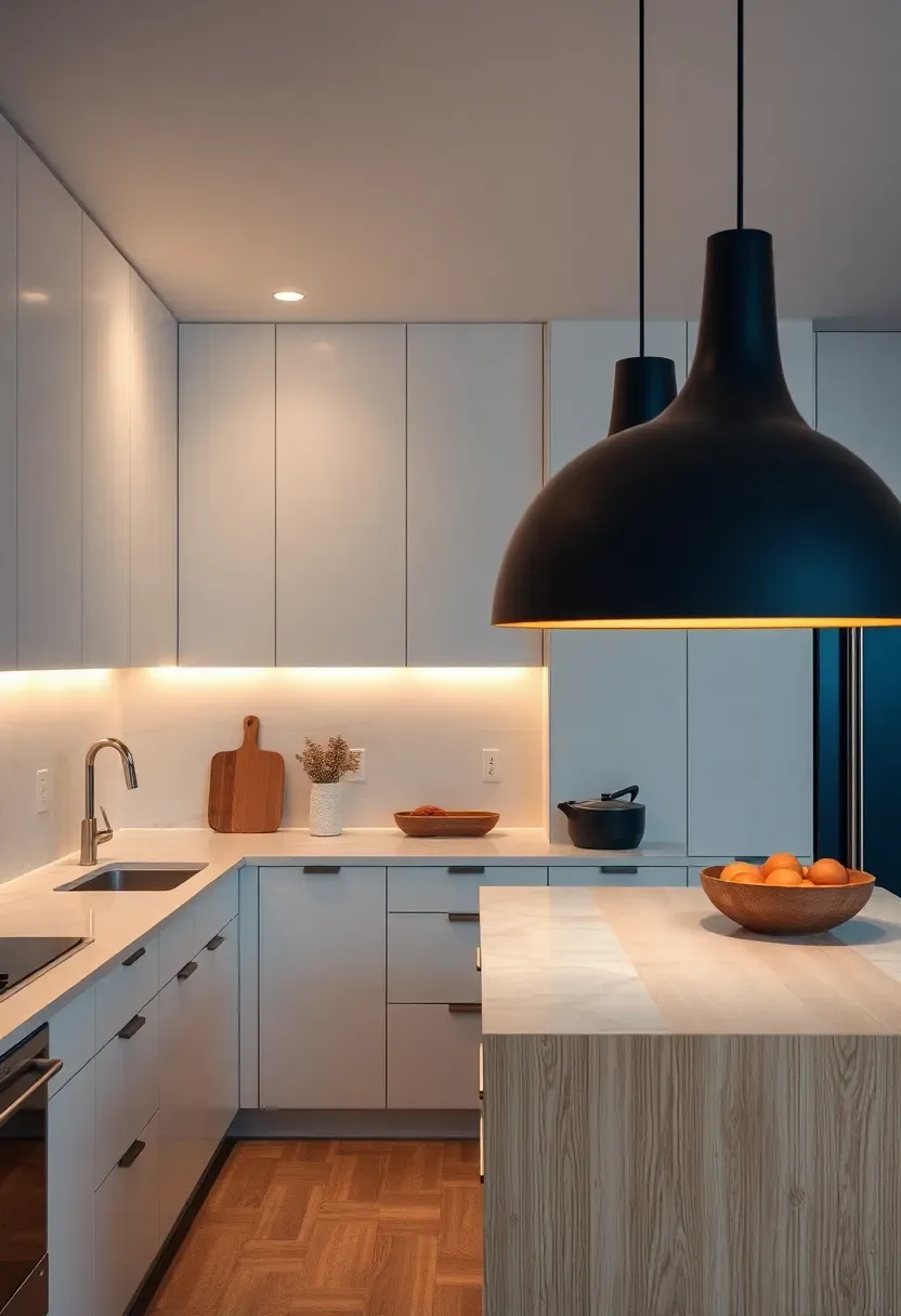 Modern kitchen with layered lighting: recessed ceiling lights, under-cabinet LED strips, and a large sculptural pendant over an island, all controlled by a smart panel