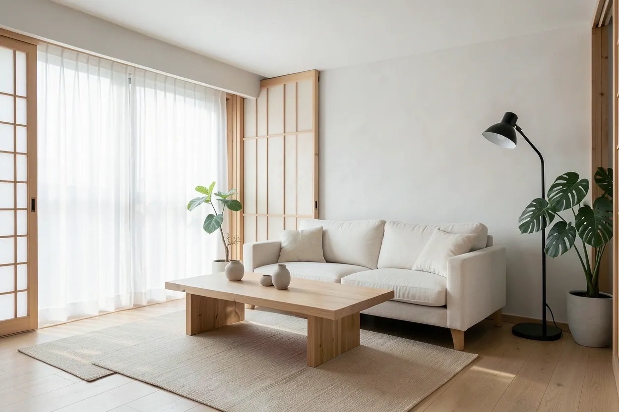 Japandi interior design living room with light wood furniture, neutral tones, and minimalist Japanese-inspired decor elements
