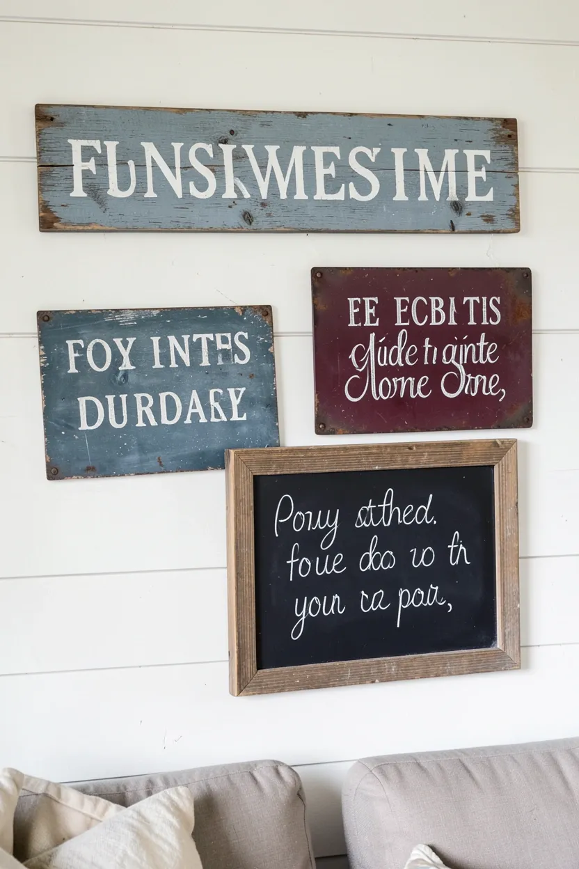 Vintage wood signs and metal typography art arranged on a farmhouse living room wall with warm lighting