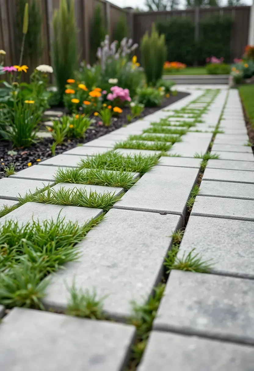 A permeable paver walkway with open-joint design allowing grass to grow between pavers in an eco-friendly backyard