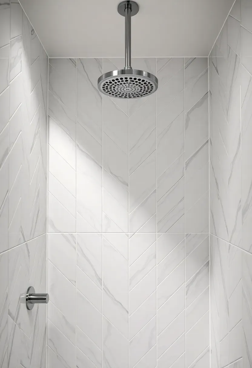 Chevron pattern marble-look porcelain tiles in white and soft grey creating a dynamic V-shaped pattern on a shower wall