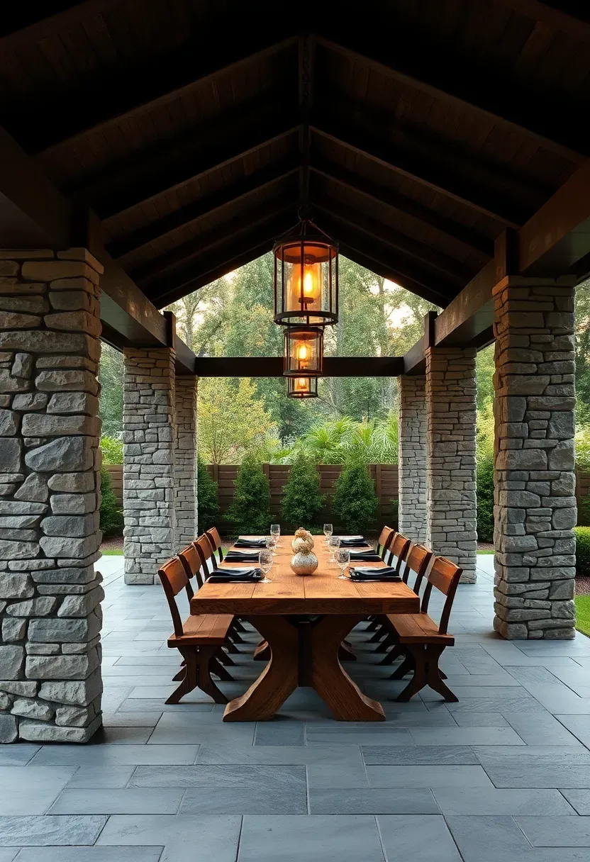 A backyard pavilion with thick natural stone columns and a dark timber beam ceiling, wrought iron light fixtures hanging above a long farmhouse dining table on a slate floor