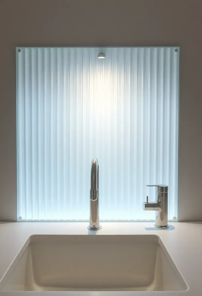 fluted glass panel backsplash creating soft light diffusion behind a kitchen sink