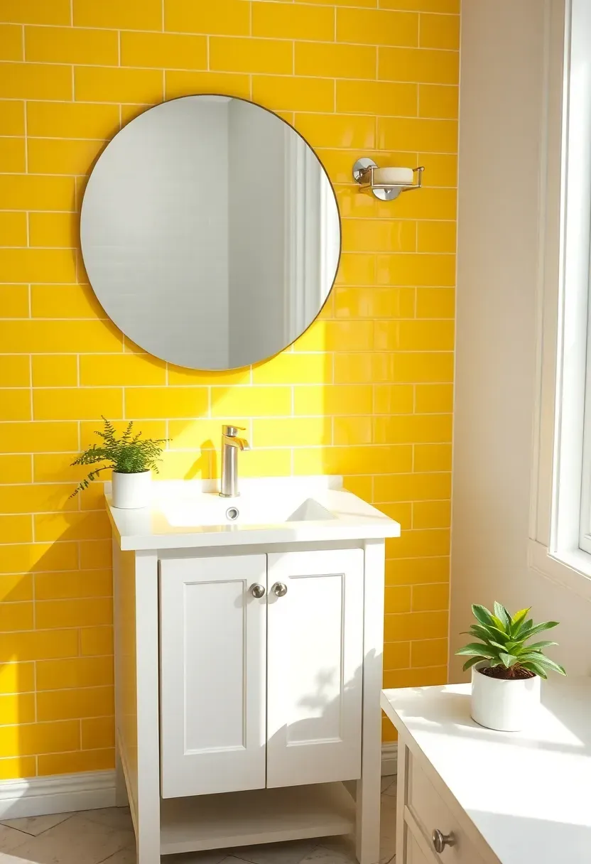 Small bright bathroom with butter yellow subway tile wall behind a white vanity and round mirror
