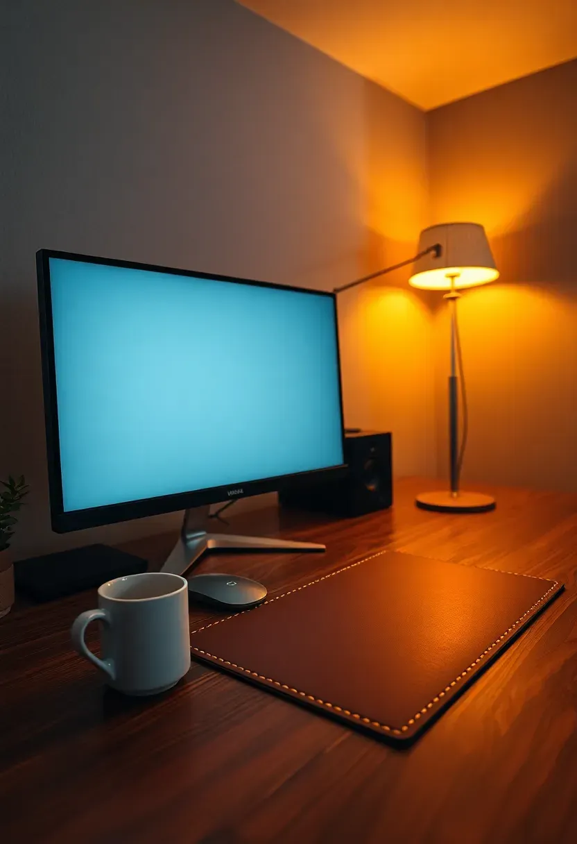Basement home office with smart lighting that shifts color temperature throughout the day, shown in warm afternoon mode