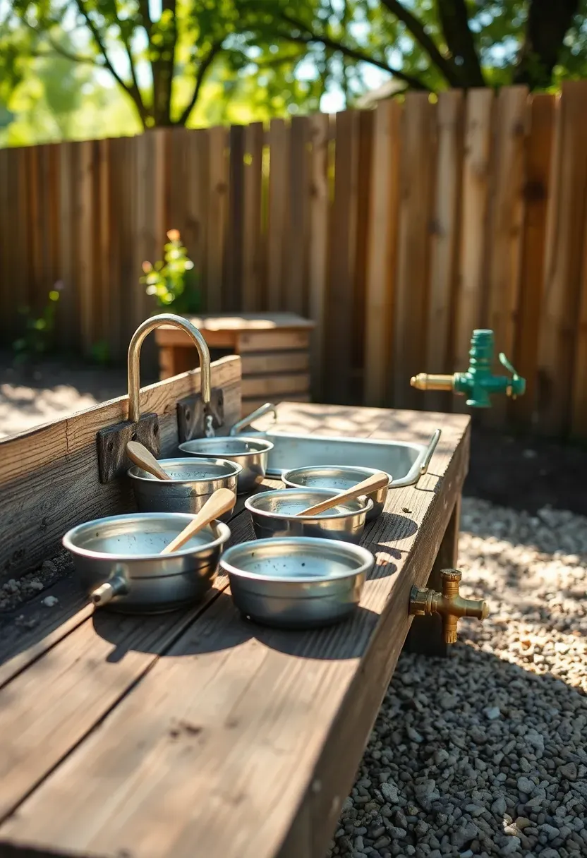 A kid-friendly backyard mud kitchen made from reclaimed wood with metal bowls, wooden spoons, and a garden hose water spigot, set on a gravel pad near a fence