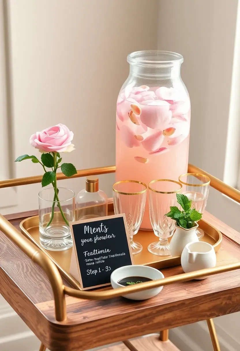 Spring floral drink station with pink lemonade dispenser, gold rimmed glasses, and rose bud vase on wood cart