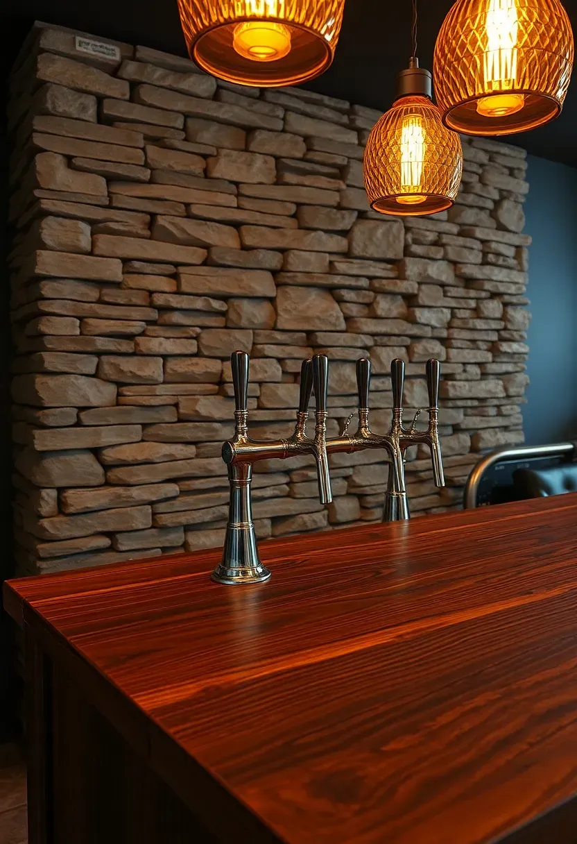 Pub-style basement bar with stacked stone veneer front, dark wood bar top, tap handles, and warm pendant lighting with an old-world atmosphere