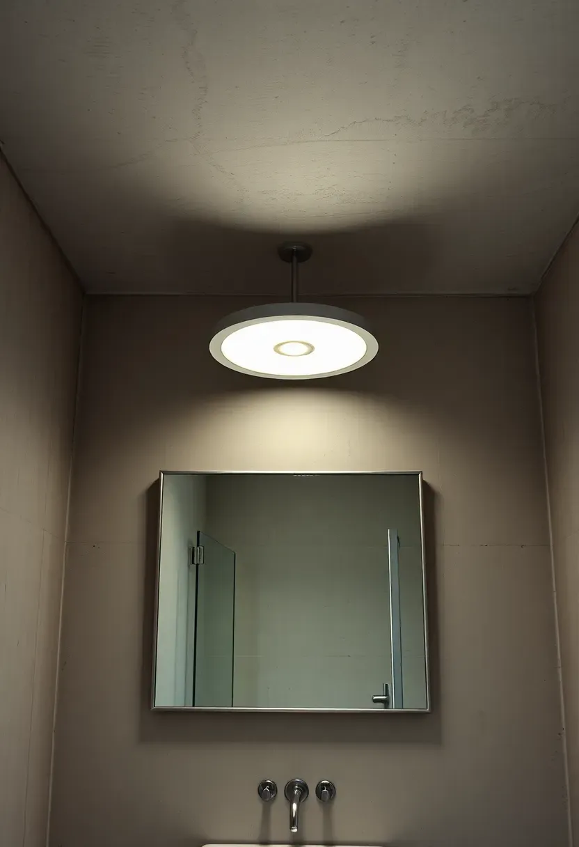 Concrete disc up-light fixture mounted above a steel mirror in a brutalist bathroom with raw concrete walls and minimal hardware