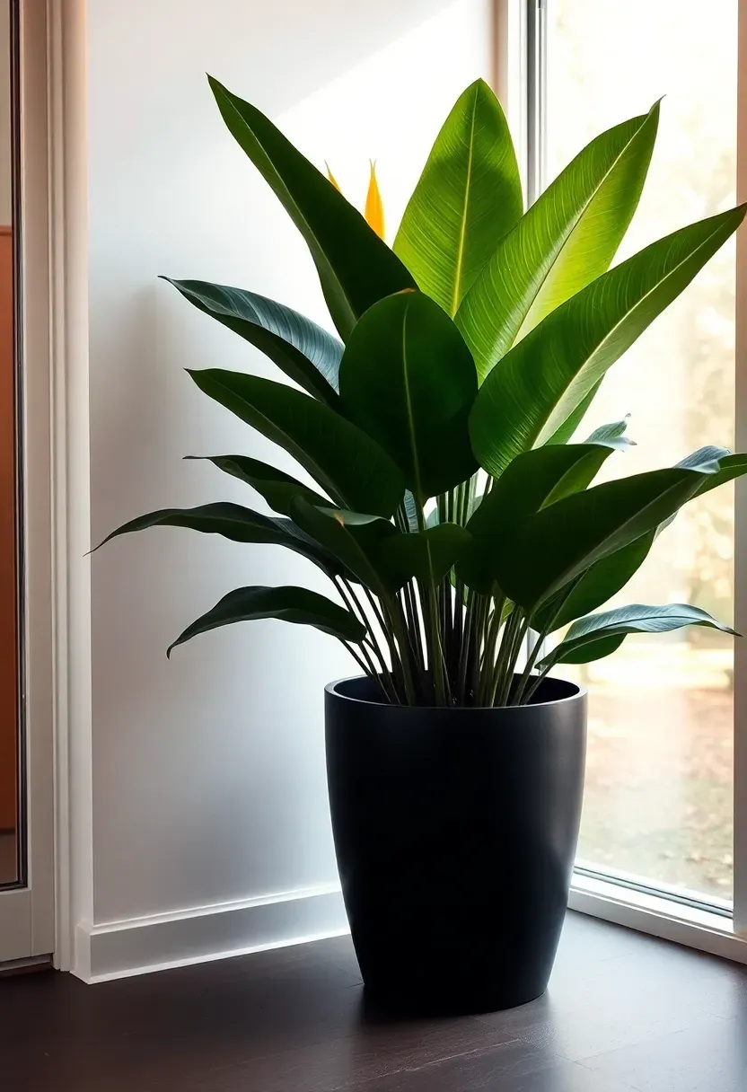 Tall bird of paradise plant in a large matte black pot standing in a bright sunroom corner beside floor-to-ceiling glass windows with morning light