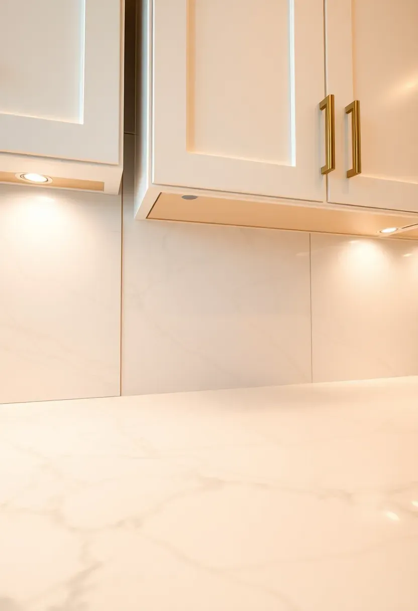 satin brass Schluter metal edge trim on white marble-look porcelain backsplash in warm modern kitchen with gold fixtures