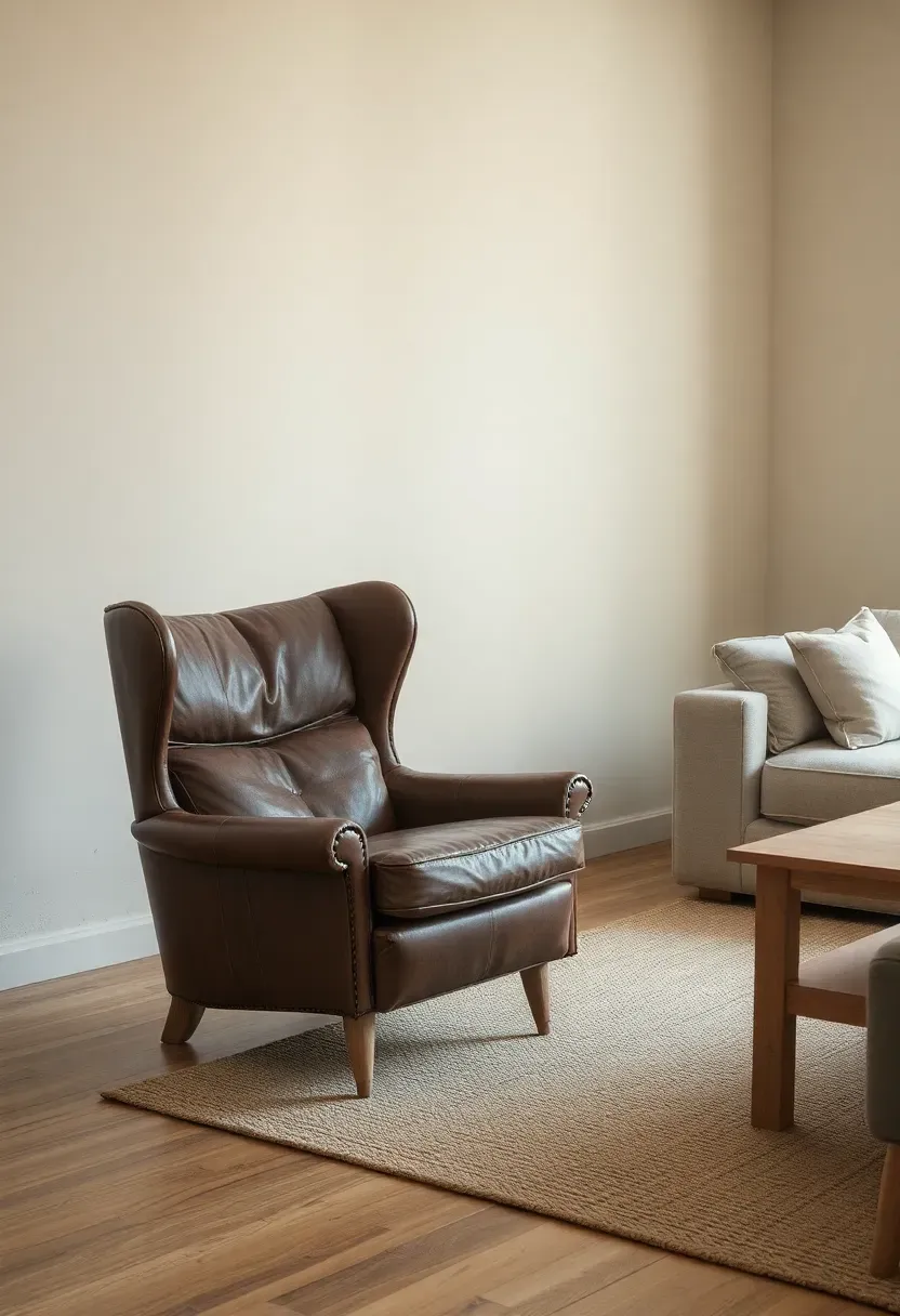 Distressed leather accent balanced by light textiles