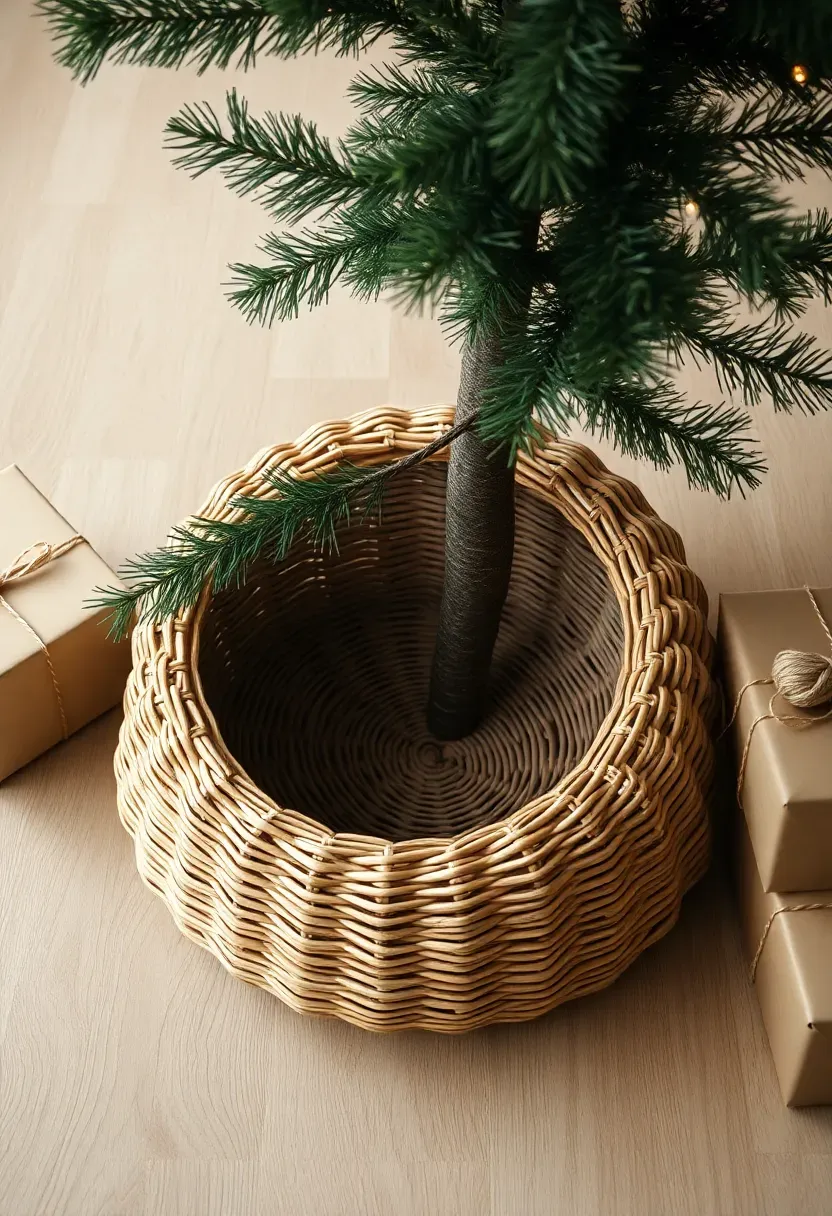 Woven rattan tree collar placed around the base of a Christmas tree, styled with a neutral linen look on a wooden floor