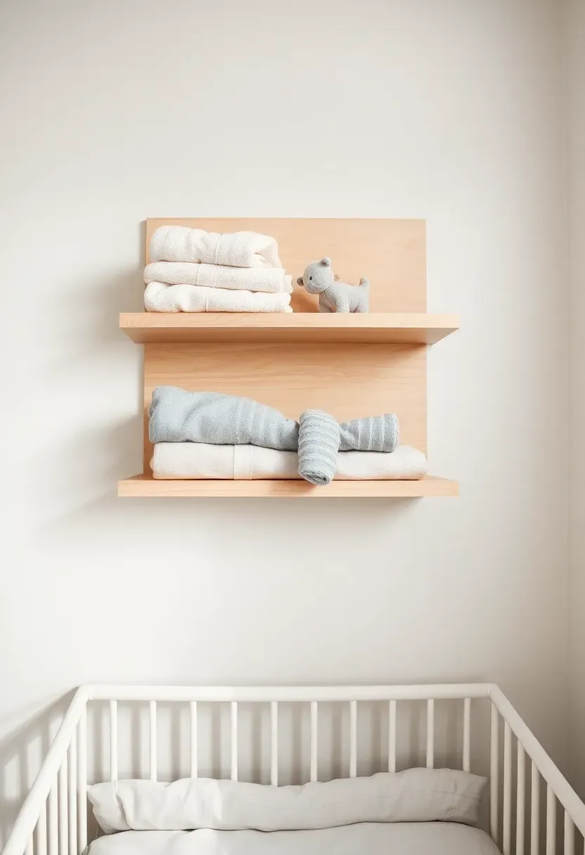 elevated loft storage shelf above crib in small boy nursery using vertical wall space with natural wood