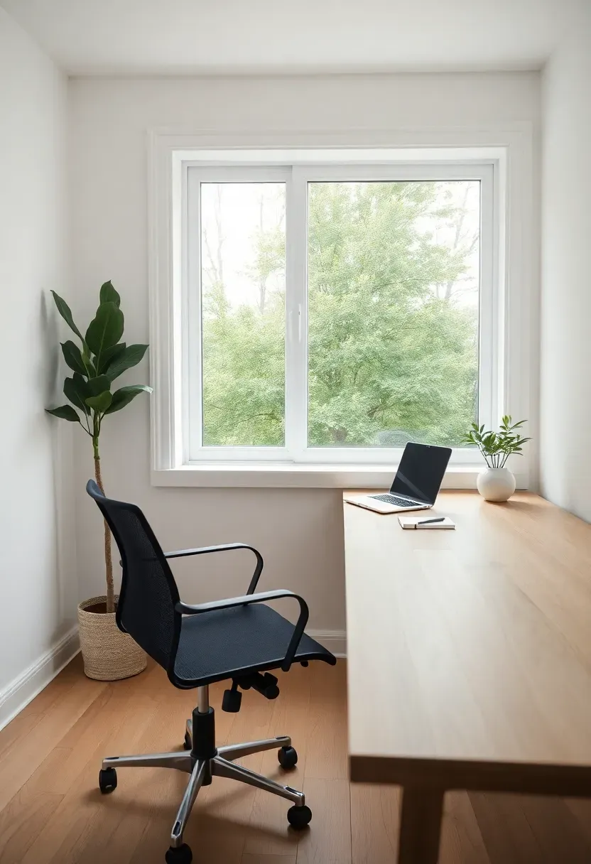 Hyper-realistic view of minimalist home office with light wood desk completely clear except for laptop and small notebook, white walls, single chair, large window, no unnecessary items or decorations. Materials: white painted walls, light oak desk, black task chair. Natural light, intentional restrained mood. Only essential items visible, shallow depth of field, no text, no logos.</p>
