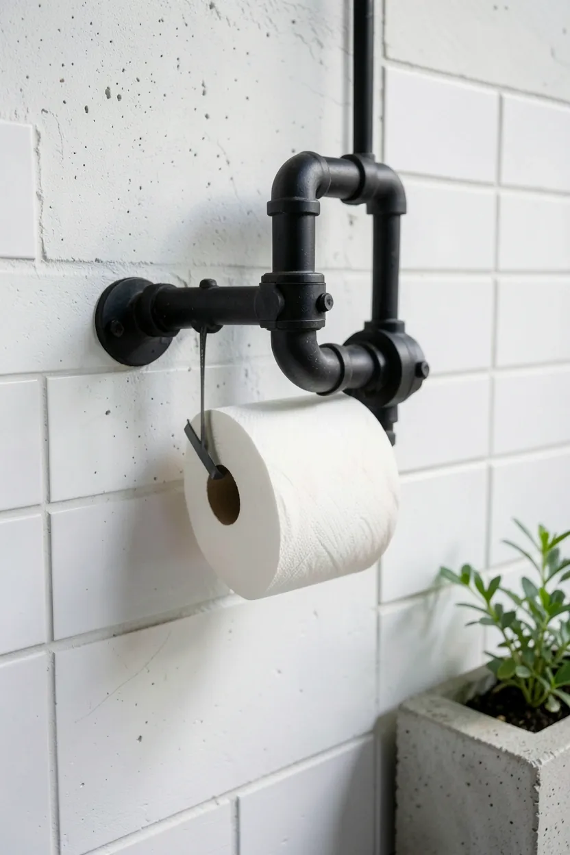 Hyper-realistic eye-level photograph of industrial pipe toilet paper holder mounted on white concrete wall. Black iron pipe construction with exposed elbow and tee fittings, matte black finish, toilet paper roll neatly on holder, subway tile wall, small concrete planter with plant nearby. Materials: matte black cast iron pipe with visible fittings, white painted concrete, white ceramic tiles, concrete planter. Natural ambient light, authentic industrial atmosphere. Shallow depth of field, sharp details on pipe connections and fittings, balanced composition showing holder and wall. No text, no logos, no watermarks.</p>