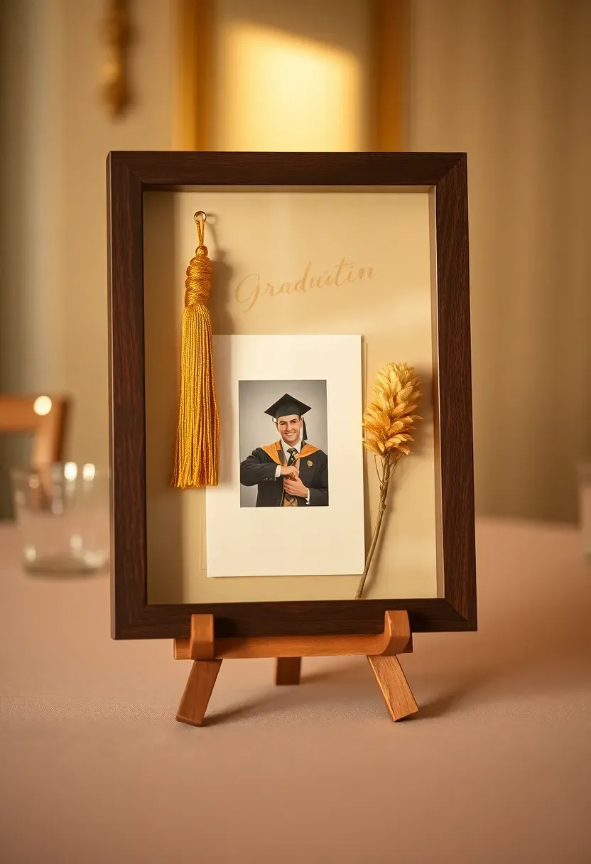 Decorative shadow box frame displaying graduation memorabilia including a tassel, photo, and invitation