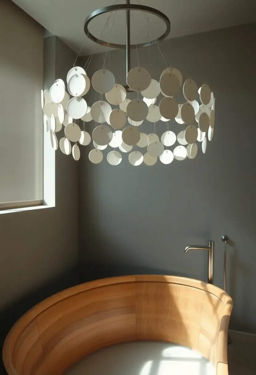 Handmade ceramic disc chandelier with overlapping white matte discs in a serene Japanese-inspired bathroom