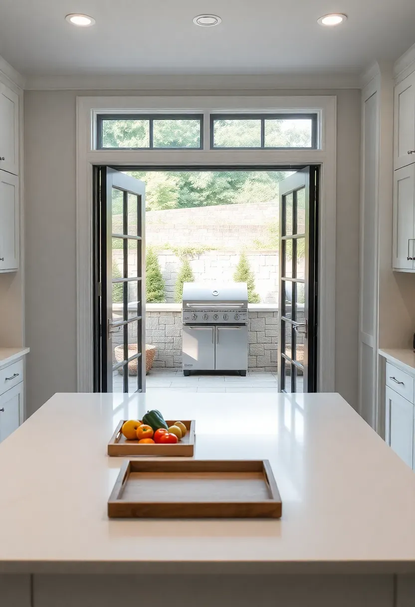 Walkout basement kitchen with French doors open to a patio, indoor-outdoor counter extending through the doorway, and a grill visible outside