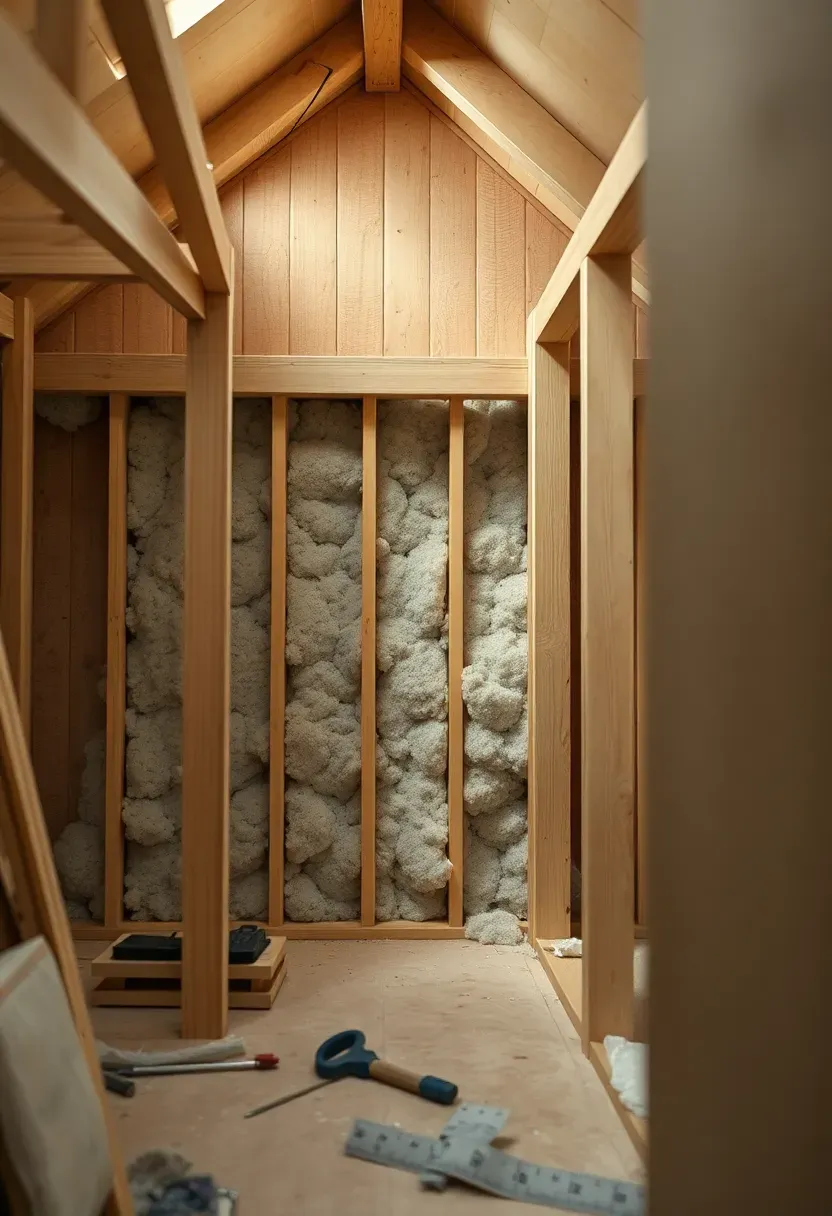 Hyper-realistic 3/4 view of a tiny house construction phase showing natural wool insulation between exposed studs. Materials: raw sheep's wool insulation batts, pine framing, partial plywood sheathing. Warm workshop lighting, textured natural materials. Sustainable building process, craftsman aesthetic. Shallow depth of field, visible tools and materials. No text, no logos.</p>