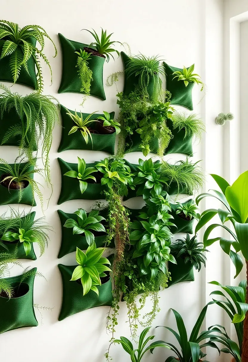 Modular living plant wall with green pocket panels mounted on a sunroom interior wall holding ferns, pothos, and air plants in a dense lush pattern