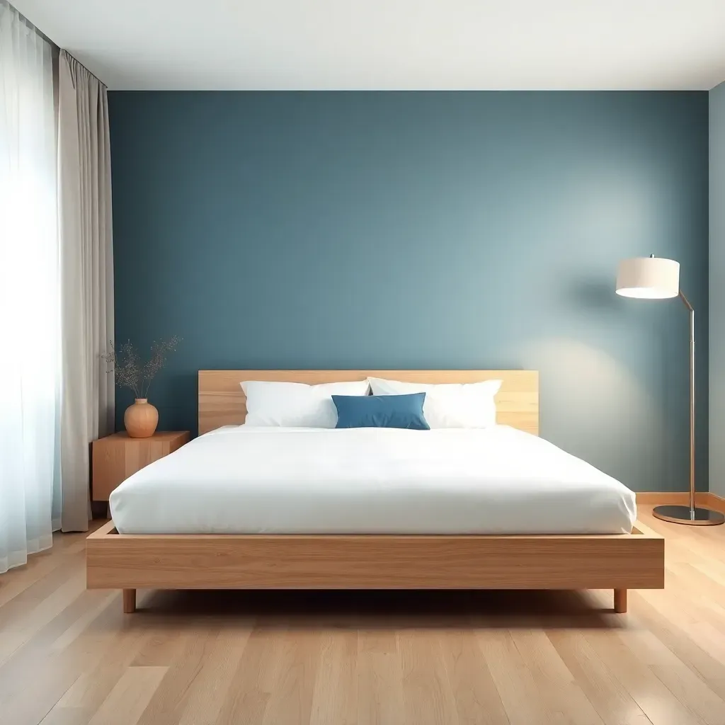 Dusty Blue Accent Wall Behind Platform Bed