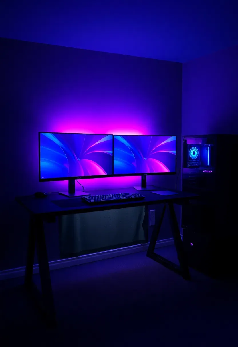 basement PC gaming setup with dual monitors on a wide desk and RGB lighting behind the screens in a dark room
